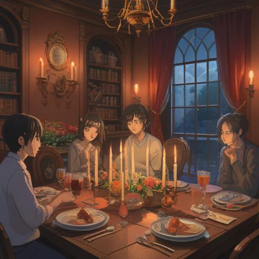 A serene and ethereal scene depicting a birthday celebration for a deceased loved one, soft candlelight illuminating a table filled with flowers and personal mementos, a gentle spirit presence in the background, a full moon shining down, conveying a sense of remembrance and connection, peaceful and reflective atmosphere, colors blending harmoniously, 4k