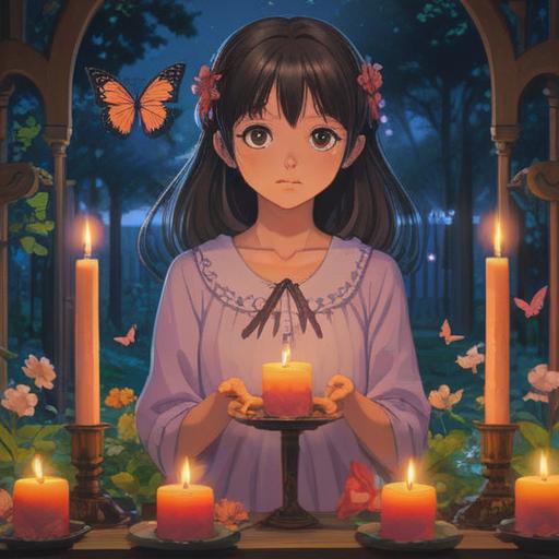 A serene scene depicting a peaceful garden at dusk, soft flickering candles, delicate flowers in bloom, a gentle breeze, symbolic butterflies fluttering, ethereal light illuminating a small photo frame, an aura of remembrance and love, subtle spiritual symbols in the background, emotional depth, inviting atmosphere, 4k