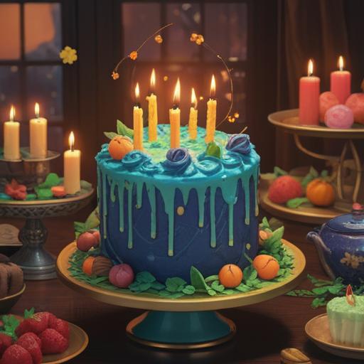 A serene and reflective scene, a beautifully decorated birthday cake with soft candles lit, surrounded by lucky items such as four-leaf clovers and horseshoes, gentle sunlight streaming through a window, a sense of nostalgia and remembrance, warm color palette, soft focus, peaceful ambiance, 4k