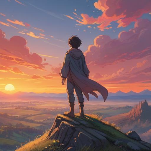A serene illustration of a person standing on a hilltop during sunset, reflecting on the beauty of life, vibrant colors in the sky, elements of nature like trees and flowers around, gentle breeze depicted through flowing hair, sense of tranquility and enlightenment, thoughtful expression, soft light illuminating the scene, 4k