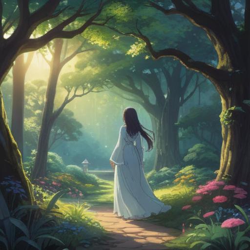 A serene and mystical scene depicting a person standing in a tranquil garden, soft ethereal light filtering through trees, ghostly silhouette of a loved one appearing in the mist, vibrant flowers symbolizing memories, a gentle breeze creating a sense of connection, subtle spiritual symbols in the background, peaceful and reflective atmosphere, 4k