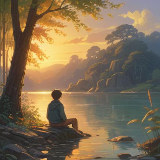 A serene depiction of a person sitting by a lakeside, reflecting on memories of a loved one, soft golden light filtering through trees, gentle ripples on the water, a quiet and peaceful atmosphere, symbolic items like a photo frame and flowers nearby, warm colors enhancing the emotional depth, evocative facial expression, harmonious nature surroundings, 4k