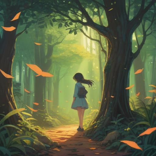 A serene scene depicting a gentle breeze rustling through leaves, ethereal light streaming down from above, a figure receiving a message from a departed loved one, symbols of peace and connection, soft glow surrounding the figure, tranquil atmosphere, nature as a comforting presence, 4k