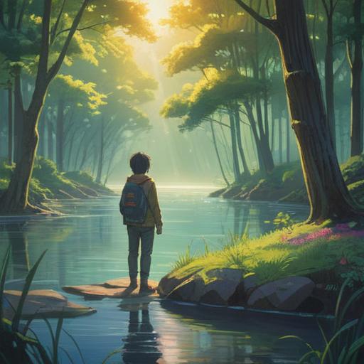 A moving and serene scene depicting a person standing at the edge of a tranquil lake, soft sunlight filtering through trees, gentle ripples in the water reflecting memories, an ethereal presence symbolizing a lost loved one, warm tones and a calming atmosphere, an expression of bittersweet nostalgia, lush greenery surrounding the area, 4k