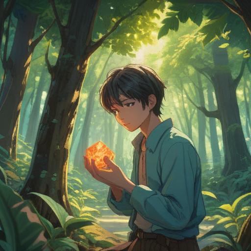 A serene and reflective scene, a person holding a small lucky charm, soft sunlight filtering through trees, gentle breeze rustling leaves, nostalgic expression on their face, vibrant colors symbolizing hope and memory, detailed depiction of the charm, surrounded by nature, tranquil atmosphere, 4k