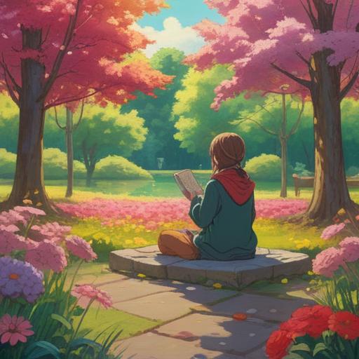 A serene and reflective scene, a person sitting quietly in a park, surrounded by blooming flowers and gentle sunlight, holding a framed photo, a look of contemplation on their face, trees offering shade, birds singing softly in the background, a sense of peace and introspection, representing healing after loss, emotional connection, 4k