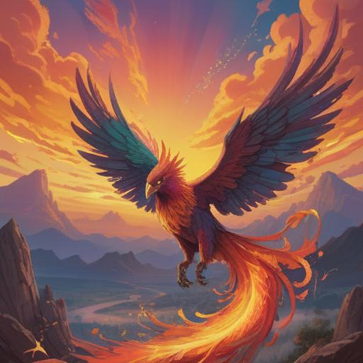 A mystical illustration of a phoenix soaring through a vibrant sunrise, representing rebirth and transformation, rich colors blending in the sky, surrounded by ethereal clouds and glowing orbs of light, symbolic elements like lotus flowers and mandalas in the foreground, serene and uplifting atmosphere, intricate details on the phoenix's feathers, 4k