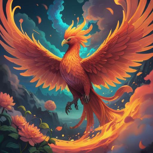 A majestic phoenix rising from colorful flames, symbolizing rebirth and renewal, surrounded by a serene landscape of vibrant flowers and ethereal clouds, shimmering light illuminating its feathers, embodying spiritual enlightenment and positive transformation, dreamlike atmosphere, intricate details, 4k