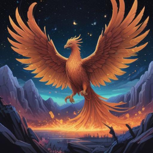 A serene landscape featuring a majestic phoenix soaring through a starry night sky, vibrant colors illuminating the feathers, a mystical aura surrounding the phoenix, soft ethereal lights representing spiritual signs, elements of nature harmonizing, such as blooming flowers and calm waters below, reflecting serenity and guidance, 4k