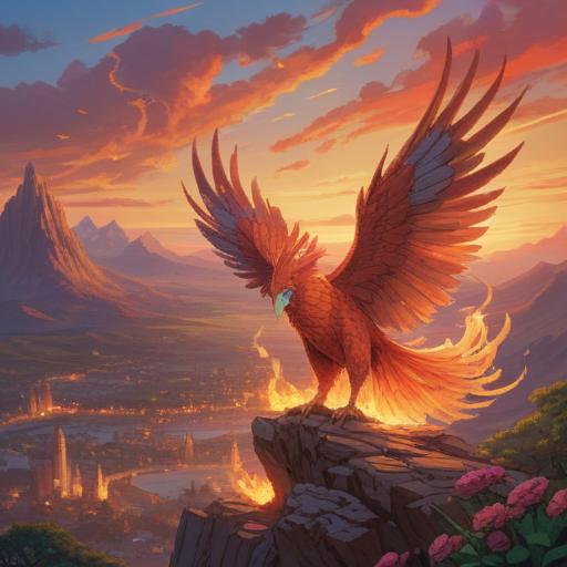 A serene illustration of a phoenix soaring through a vibrant sunset, symbolizing rebirth and luck, featuring a character contemplating their next lucky action under the glowing sky, surrounded by cherry blossoms, tranquil atmosphere, enchanting colors, detailed feathers, mythological elements, 4k