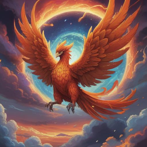 A majestic phoenix soaring through a vibrant sky, symbolizing renewal and transformation, fiery feathers glowing with rich colors, surrounded by clouds that shimmer with hints of gold, a serene landscape below depicting blossoming flowers and flowing streams, representing new beginnings and hope, dynamic composition, 4k