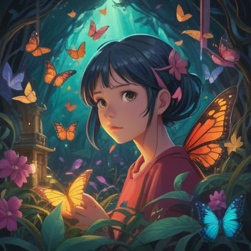 A serene moment of introspection, a person surrounded by nature, vibrant colors, symbolic elements like butterflies and feathers, signs of change, an open sky with flowing clouds, gentle lighting that conveys peace, a contemplative atmosphere, representation of spiritual awareness, 4k