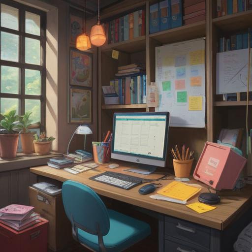 A scene depicting an organized workspace, stacks of neatly arranged papers, colorful sticky notes, a laptop with charts and data open, a coffee mug beside a planner, bright natural light coming from a window, sense of productivity and clarity, inviting atmosphere, 4k