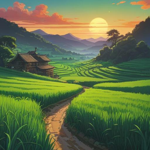 A serene scene depicting the divine presence of Toyoke-no-Omikami, lush green rice fields illuminated by ethereal light, gentle wind rustling through the plants, spiritual symbols like rice grains and traditional Japanese motifs, harmonious atmosphere, people in traditional clothing celebrating harvest, vibrant colors, tranquil setting, nature's bounty, 4k