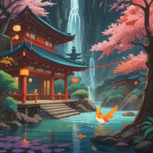 A serene illustration capturing the essence of Toyouke-ōkami, a lucky item symbolizing abundance and prosperity, traditional Japanese motifs, a bundle of rice wrapped in woven reeds, surrounded by flourishing nature, soft sunlight filtering through the trees, tranquil atmosphere, vibrant colors and intricate details, 4k