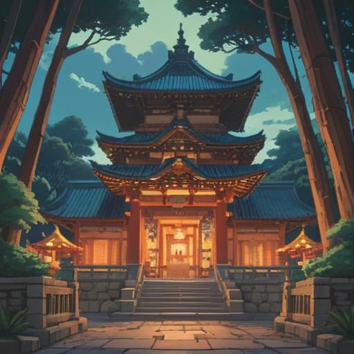 A serene depiction of Toyokuni Shrine, lush greenery surrounding the sacred site, a tranquil pathway leading to the shrine, spiritual symbols representing harmony and peace, worshippers offering prayers, gentle sunlight filtering through the trees, the essence of spirituality and cultural heritage, vibrant foliage, 4k