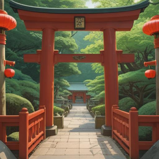 A serene scene at Toyokuni Shrine, lush greenery surrounding, traditional Shinto architecture with vibrant red torii gates, gentle sunlight filtering through trees, a sense of tranquility and spiritual connection, visitors reflecting in peaceful contemplation, soft ethereal lighting, rich cultural symbolism, 4k