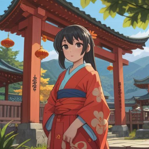 A serene scene at Toyokuni Shrine, a traveler discovering lucky charms, vibrant traditional stalls, picturesque vermilion torii gates, cherry blossoms in bloom, visitors in kimono enjoying the atmosphere, tranquil surroundings, inviting glimpses of luck, culturally rich details, 4k