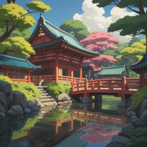 A serene and inviting scene at Toyokuni Shrine, lush greenery surrounding traditional Japanese architecture, visitors engaging in peaceful reflection, vibrant seasonal flowers in bloom, soft sunlight filtering through the trees, intricate wooden details, rich cultural atmosphere, capturing a sense of spirituality and tranquility, 4k