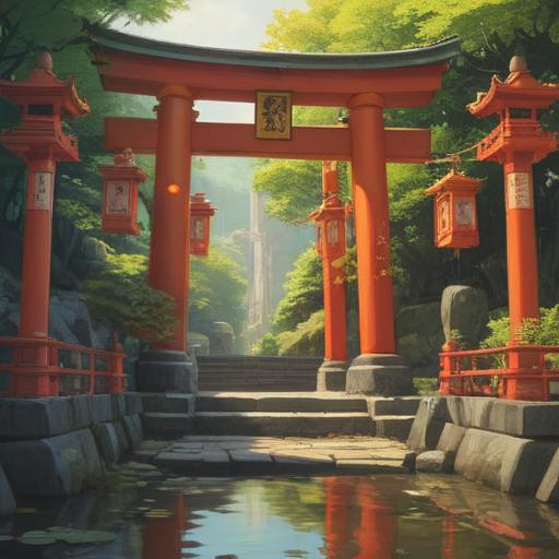 A serene and enchanting landscape of Toyoiwa Inari Shrine, surrounded by lush green trees and vibrant torii gates, ethereal spirits floating gently in the air, mystical ambiance, glowing lanterns illuminating the path, harmonious blend of nature and spirituality, peaceful atmosphere, deep connection to Japanese culture, 4k