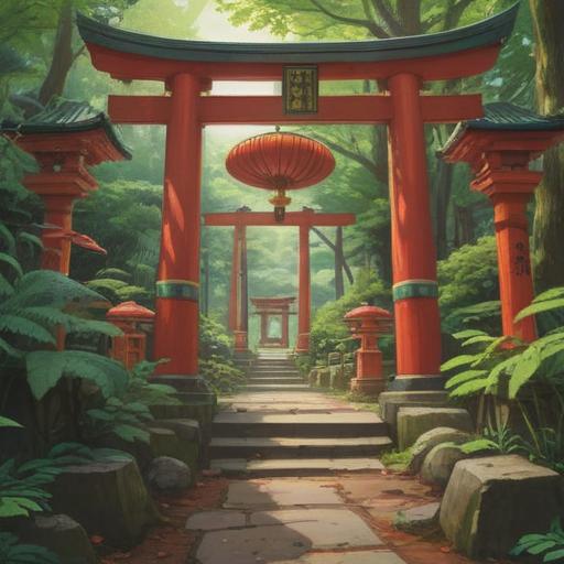 A serene illustration of Toyoiwa Inari Shrine, lush greenery surrounding the shrine, traditional red torii gates leading up to the entrance, spiritual symbols subtly integrated into the scene, peaceful atmosphere, soft sunlight filtering through the trees, a sense of tranquility and divine protection, 4k