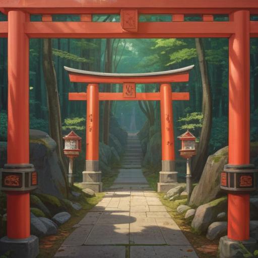 A serene landscape of Toyoiwa Inari Shrine, spiritual symbols integrated into the scene, vibrant red torii gates, tranquil forest surroundings, visitors engaging in prayer, subtle light filtering through trees, ethereal atmosphere, signs of nature's guidance, peaceful ambiance, capturing a spiritual journey, 4k