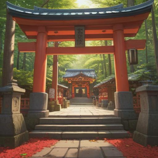 A serene scene at Toyoiwa Inari Shrine, a visitor happily discovering a lucky item after worship, soft sunlight filtering through lush trees, traditional red torii gates in the background, vibrant colors accentuating the atmosphere, detailed textures on the shrine, 4k