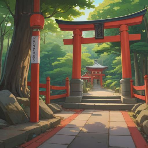 A tranquil scene depicting visitors at Toyoiwa Inari Shrine, serene atmosphere, lush greenery surrounding the shrine, vibrant torii gates, people in traditional clothing praying peacefully, deep sense of spiritual richness, soft sunlight filtering through trees, calm reflections in nearby water, inviting and harmonious environment, 4k