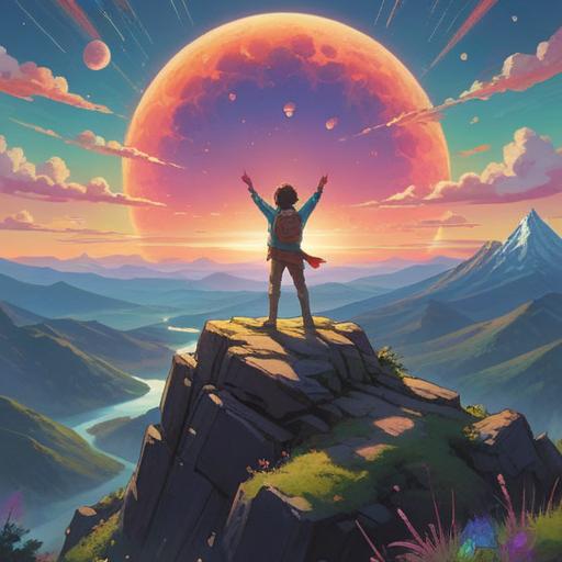 A serene and uplifting scene, a person standing on a mountain peak, arms raised towards the sky, surrounded by glowing orbs of light, representing positive energy and spiritual connection, vibrant sunrise in the background, ethereal mist swirling around, a sense of peace and fulfillment, symbolic elements of appreciation and self-worth, tranquil atmosphere, 4k