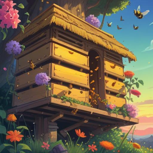 A serene illustration of a beehive surrounded by vibrant flowers, soft golden light filtering through leaves, bees buzzing harmoniously around, an aura of positive energy radiating, symbolic representation of spirituality and abundance, calm and peaceful atmosphere, 4k