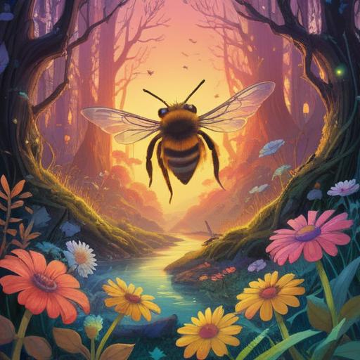 A mystical encounter with a bee, vibrant colors, nature's symbolism, spiritual awakening, connection with nature, harmonious atmosphere, detailed flora and fauna, serene environment, 4k