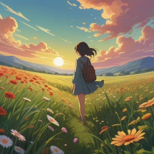 A serene image of a person standing in a sunlit meadow, surrounded by blooming flowers, a gentle breeze rustling through the grass, a golden bee hovering nearby, symbolizing spiritual guidance and positive energy, ethereal glow, harmonious connection with nature, peaceful expression, vibrant colors, tranquil atmosphere