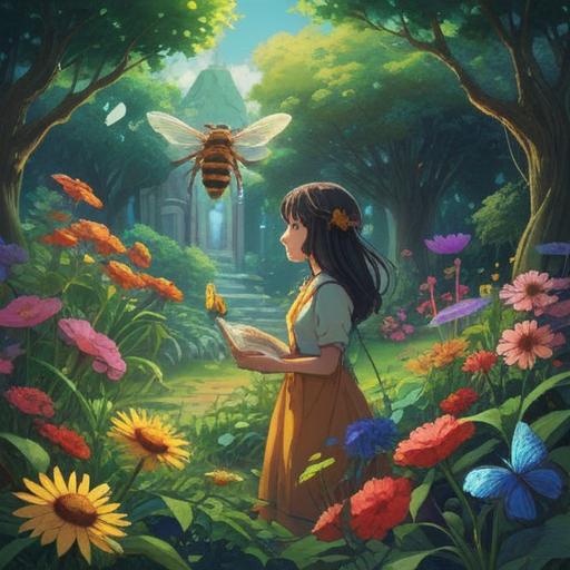 A serene, mystical scene depicting a person in a lush garden encountering a bee, surrounded by vibrant flowers, ethereal light illuminating the moment, symbols of spirituality like feathers and crystals scattered around, representing guidance and awareness, peaceful expression on the person's face, capturing the essence of intuition and connection to nature, 4k