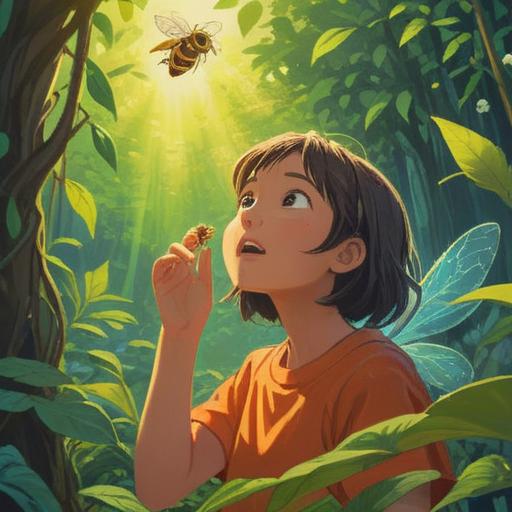 A serene outdoor scene depicting a person encountering a bee, bright sunlight filtering through the leaves, the person looking pleasantly surprised, symbolic representations of luck such as four-leaf clovers and horseshoes around, vibrant flowers and a clear blue sky, emphasizing a feeling of joy and positivity, warm and inviting atmosphere, detailed nature background, 4k