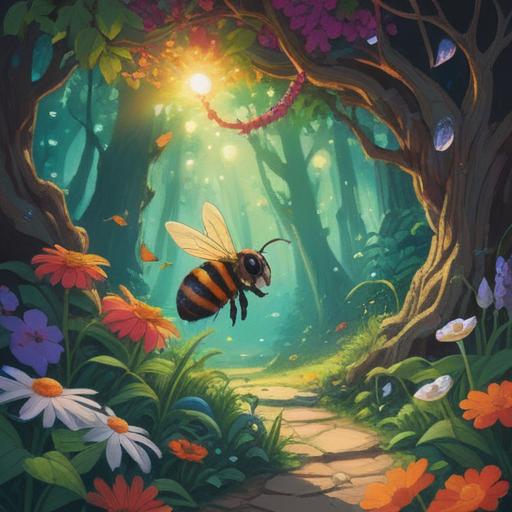 A symbolic illustration depicting a bee carrying a small, shining lucky charm, vibrant flowers surrounding, bright sunlight filtering through the leaves, a serene garden atmosphere, gentle breeze, focus on the bee’s delicate wings, optimism and positivity conveyed through colors, nature’s harmony, 4k