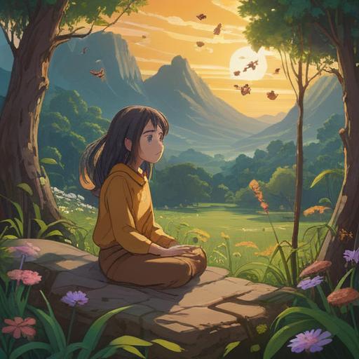A spiritual illustration depicting the significance of being stung by a bee, a person in meditation surrounded by nature, bees buzzing around them, radiant light illuminating the scene, vibrant flowers in bloom, symbolic connection to transformation and healing, serene and reflective atmosphere, 4k