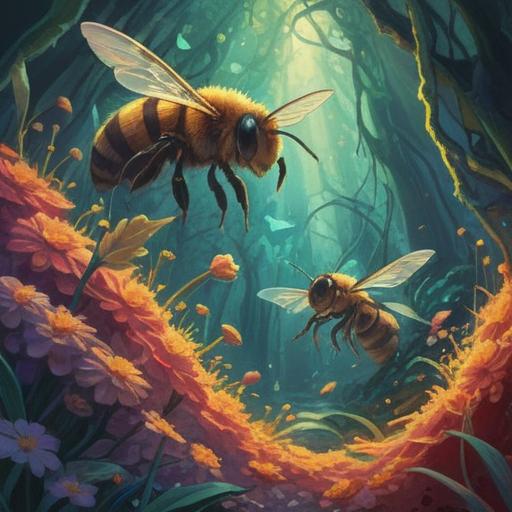 A spiritual illustration depicting the moment of being stung by a bee, vibrant colors, symbolic representation of transformation, ethereal elements surrounding the bee, an aura of enlightenment, the connection between nature and spirituality, mystical light beams, serene facial expressions, detailed floral background, 4k