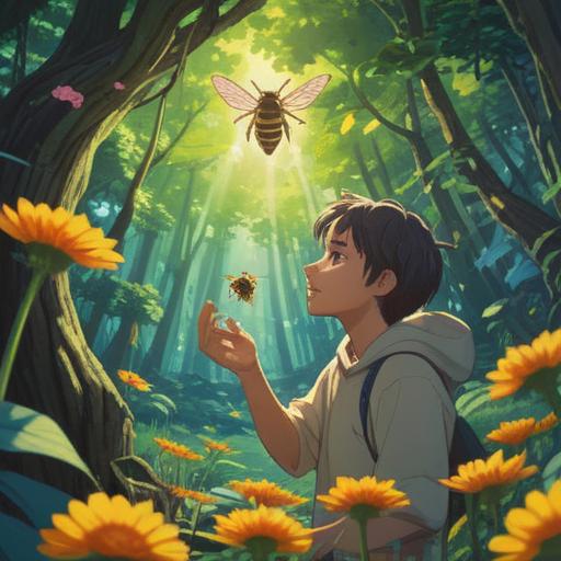 A serene illustration of a person experiencing a bee sting, surrounded by nature, symbolizing spiritual signs, gentle sunlight filtering through trees, vibrant flowers blooming around, a fluttering butterfly nearby, calm facial expression, ethereal aura, mystical atmosphere, 4k