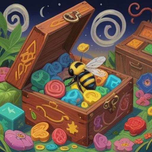 A whimsical illustration of a lucky charm after being stung by a bee, vibrant colors, a small wooden box with various lucky charms inside, a beeswax candle glowing softly, flowers surrounding the box, a drawn bee hovering above, a sunny garden setting, cheerful and magical atmosphere, 4k