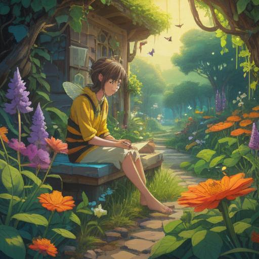A surreal depiction of emotional healing after a bee sting, a tranquil scene showing a person sitting in a lush garden, surrounded by blooming flowers and gentle sunlight, reflective expressions conveying resilience, soothing colors, soft focus on the bee's presence, serene atmosphere, connection with nature, emphasis on inner peace, 4k
