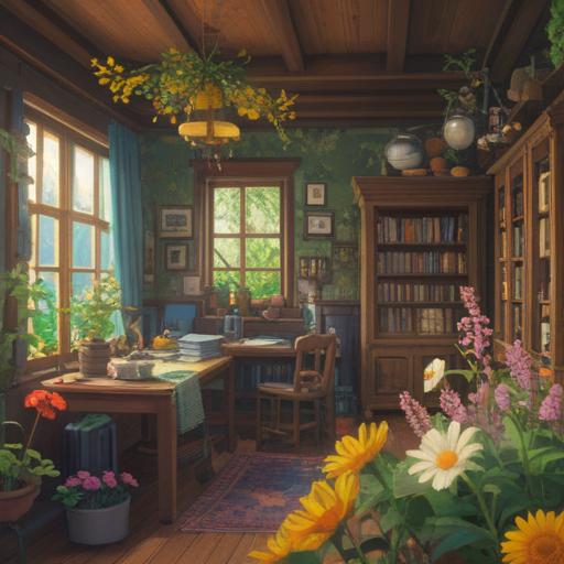 A cozy home surrounded by blooming flowers, bees buzzing joyfully around, spiritual and harmonious atmosphere, sunlight filtering through the trees, vibrant colors, symbols of abundance and happiness, intricate details of nature, serene setting, 4k