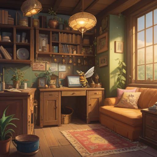 A serene illustration of a bee gently entering a cozy home, soft golden light illuminating the scene, warm and inviting atmosphere, symbolic representation of abundance and joy, nature-inspired decor, vibrant flowers nearby, uplifting energy, harmonious connection with nature, 4k