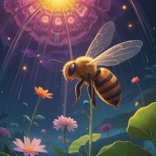 A serene and mystical scene featuring a large, vibrant bee hovering above a glowing flower, surrounded by an ethereal light, subtle symbols of spirituality woven into the background, lush greenery, a sense of awareness and connection, soft focus, inviting atmosphere, harmonious color palette, 4k