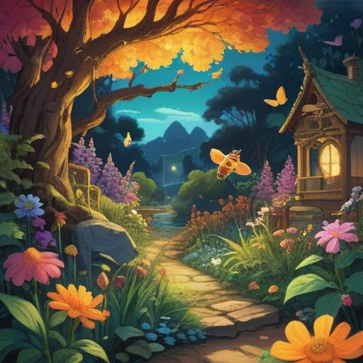 A vibrant illustration featuring a lucky charm attracting bees, glowing with a warm golden hue, surrounded by blooming flowers, showcasing a serene garden setting, symbolizing prosperity and good fortune, detailed textures on the charm, soft sunlight filtering through the leaves, enchanting and magical atmosphere, 4k