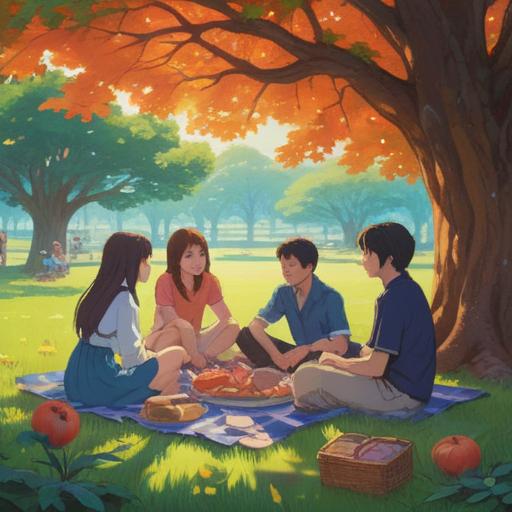 A serene outdoor gathering, friends sitting together in a circle, sharing stories and laughter, bright sunshine filtering through tree branches, a picnic blanket spread with food and drinks, joyful expressions, vibrant greenery, warm atmosphere, 4k