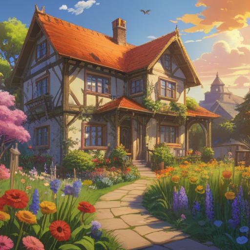 A house surrounded by bees, symbolizing spiritual connection and harmony, vibrant garden filled with flowers, warm sunlight illuminating the scene, peaceful atmosphere, nature's tranquility, inviting aura, intricately detailed architecture, harmonious coexistence, 4k
