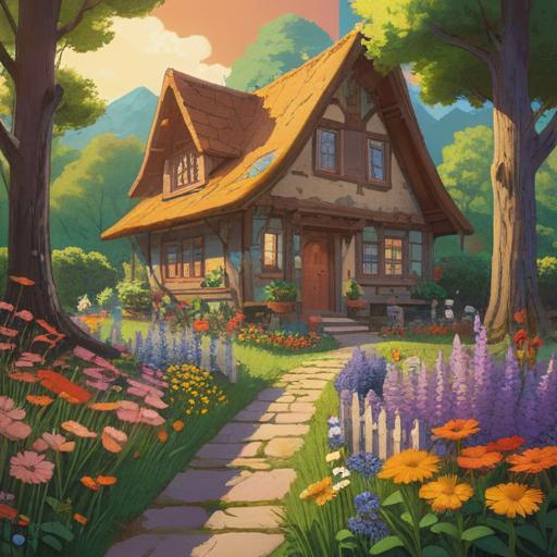 A cozy home surrounded by blooming flowers, bees buzzing cheerfully around, warm sunlight filtering through the trees, vibrant garden colors, serene atmosphere, symbolic representation of spiritual signs, harmony with nature, inviting and peaceful scene, 4k