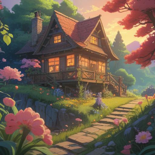 A serene and mystical scene depicting a cozy house surrounded by nature, bees buzzing gently around vibrant flowers, a calm aura enveloping the area, soft sunlight filtering through trees, subtle indications of spiritual signs like sparkles or gentle gusts of wind, inviting atmosphere, harmonious connection with nature, clear focus on the house and bees, 4k