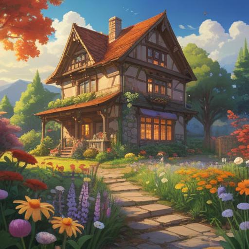 A cozy house surrounded by buzzing bees, vibrant flowers in the garden, sunlight casting a warm glow, the lucky stone resting on the porch, a sense of tranquility and harmony, intricate details in the scenery, inviting atmosphere, 4k