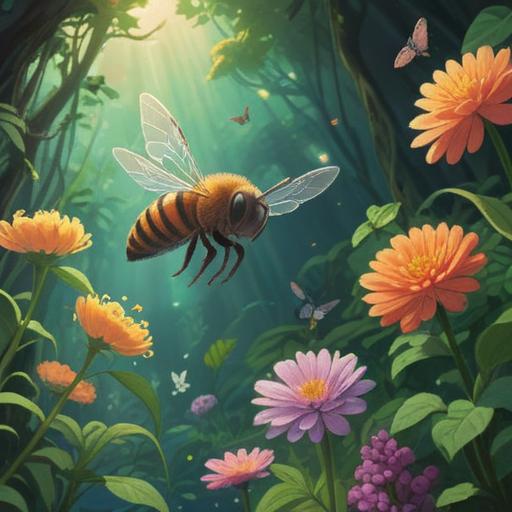 A serene nature scene, a majestic bee hovering near vibrant flowers, sunlight filtering through lush greenery, ethereal atmosphere, gentle breeze, symbolic elements representing spirituality, subtle glowing aura around the bee, vibrant colors, inviting warmth, 4k